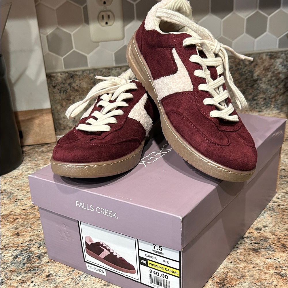 New in box Falls Creek Burgundy Suede Sneakers with Cream Trim women’s 7.5